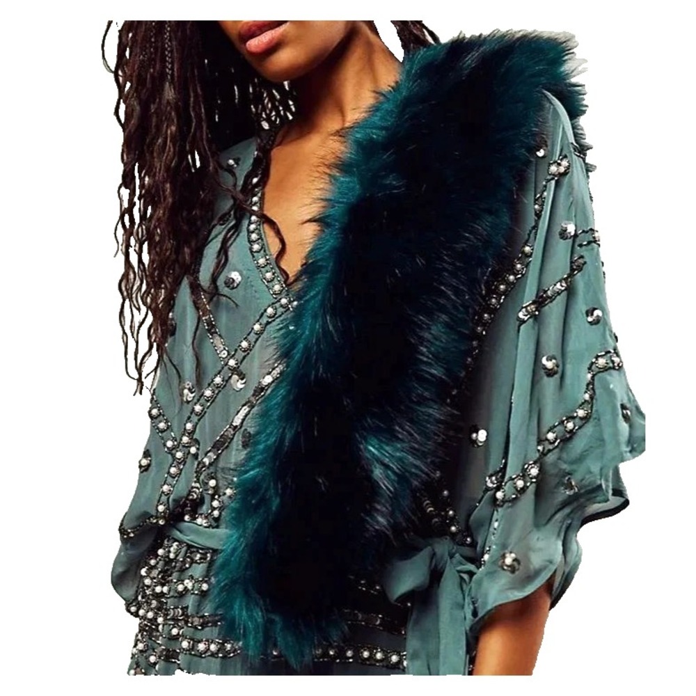 Free People Jagger Fur Collar Emerald Green Plush Stole Plaid Lining Luxe NEW